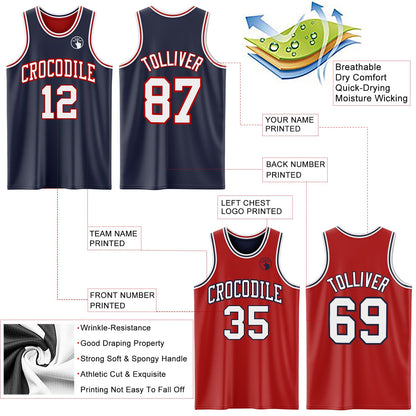 Custom Navy White-Red Reversible Double Side Sublimation Basketball Set Jersey