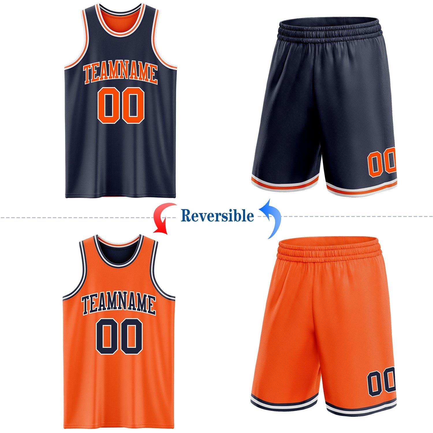 Custom Navy Orange-White Reversible Double Side Sublimation Basketball Set Jersey