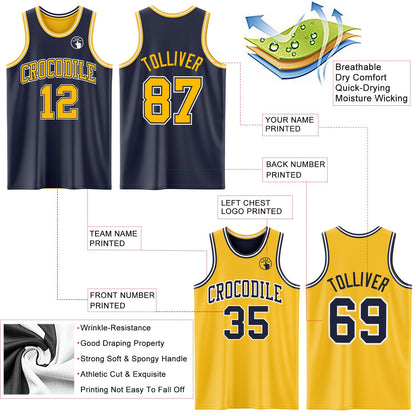 Custom Navy Gold-White Reversible Double Side Sublimation Basketball Set Jersey