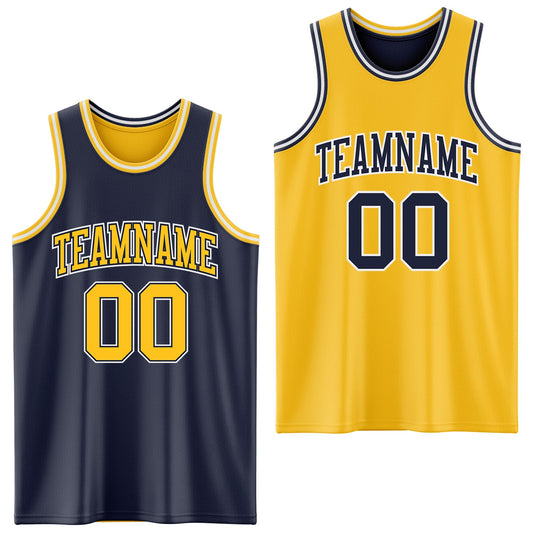 Custom Navy Gold-White Reversible Double Side Sublimation Basketball Set Jersey