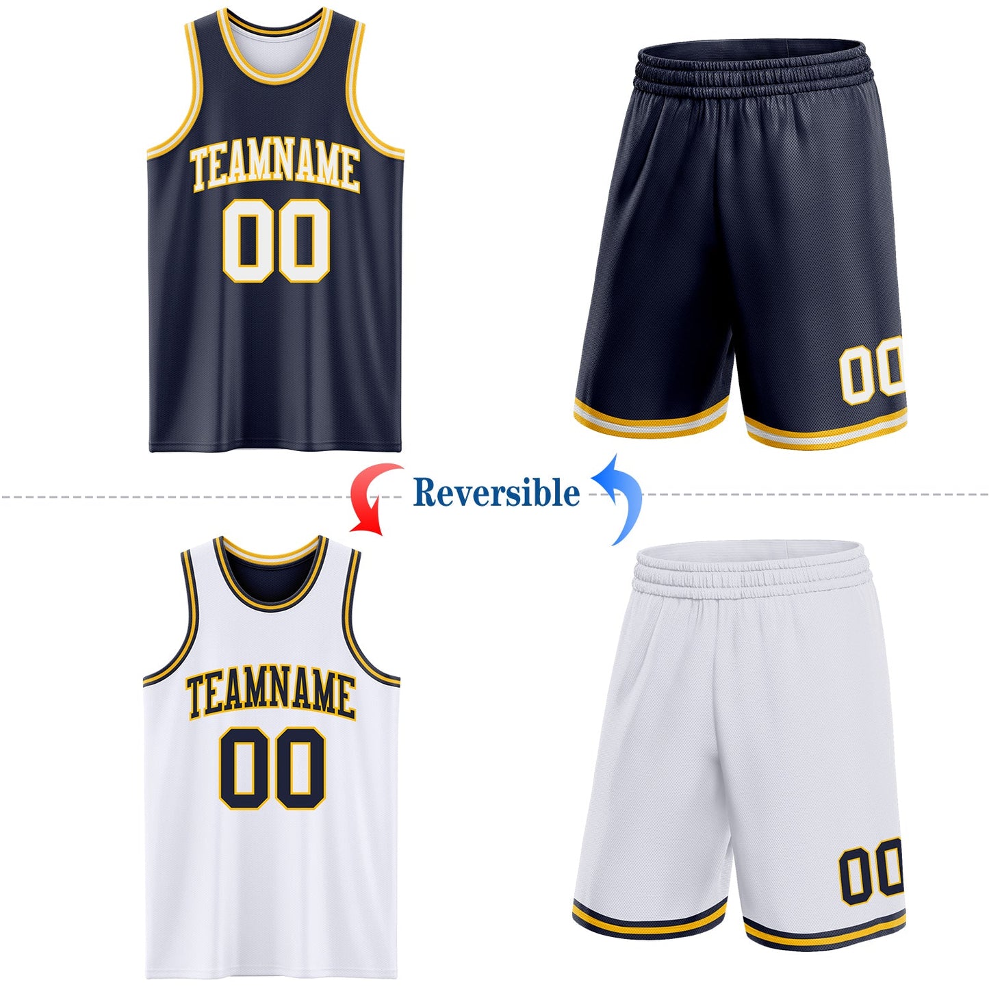 Custom Navy White-Gold Reversible Double Side Sublimation Basketball Set Jersey