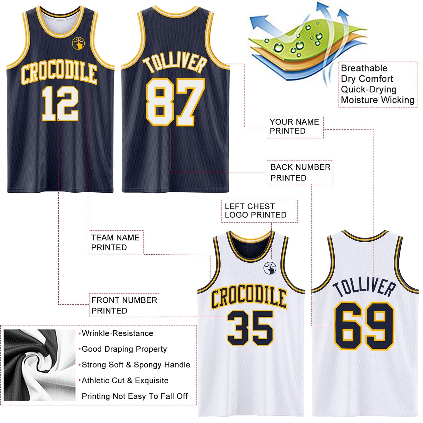 Custom Navy White-Gold Reversible Double Side Sublimation Basketball Set Jersey