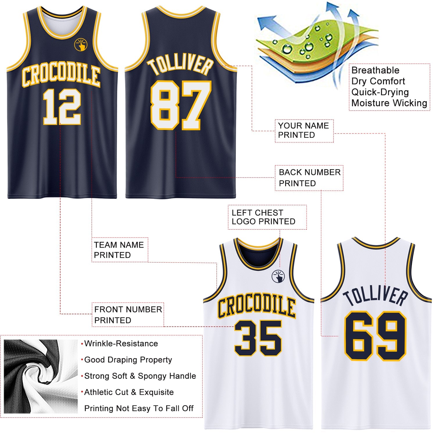 Custom Navy White-Gold Reversible Double Side Sublimation Basketball Set Jersey
