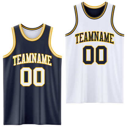Custom Navy White-Gold Reversible Double Side Sublimation Basketball Set Jersey