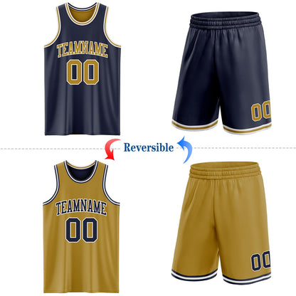 Custom Navy Old Gold-White Reversible Double Side Sublimation Basketball Set Jersey