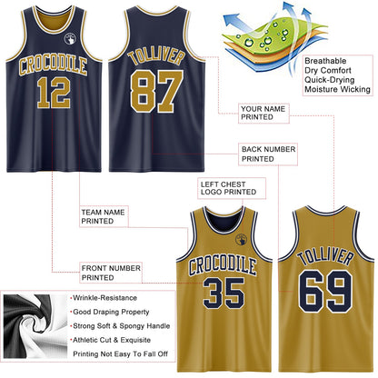 Custom Navy Old Gold-White Reversible Double Side Sublimation Basketball Set Jersey