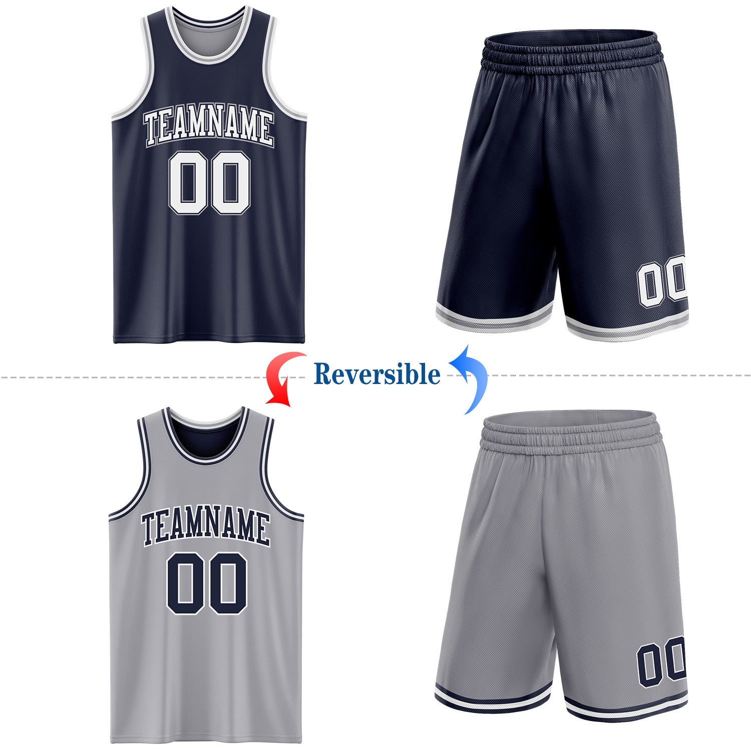 Custom Navy White-Gray Reversible Double Side Sublimation Basketball Set Jersey
