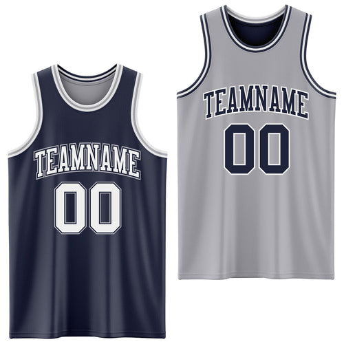 Custom Navy White-Gray Reversible Double Side Sublimation Basketball Set Jersey