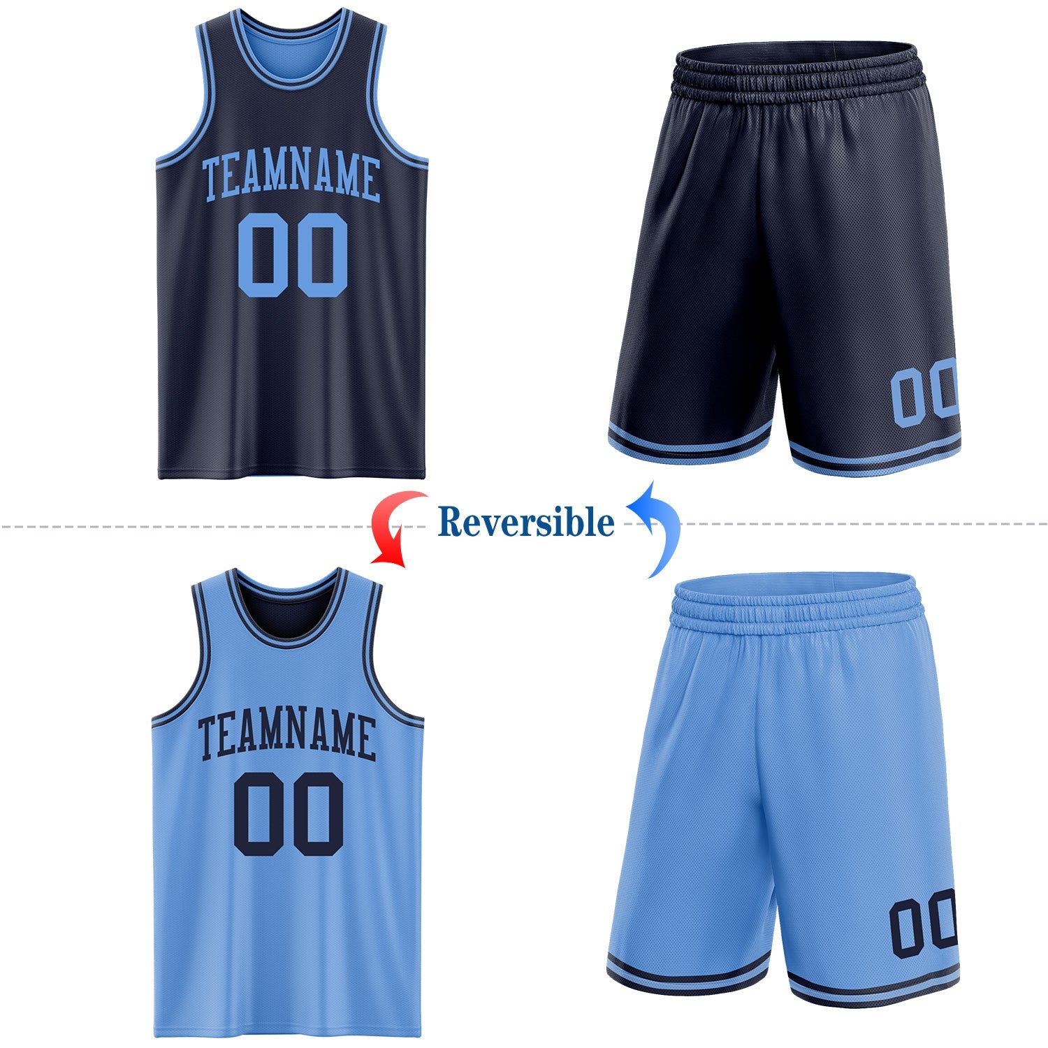 Custom Navy Light Blue Reversible Double Side Sublimation Basketball Set Jersey