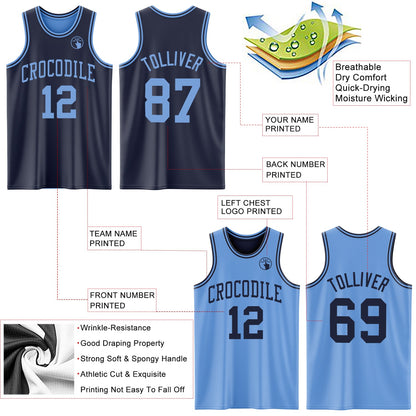 Custom Navy Light Blue Reversible Double Side Sublimation Basketball Set Jersey