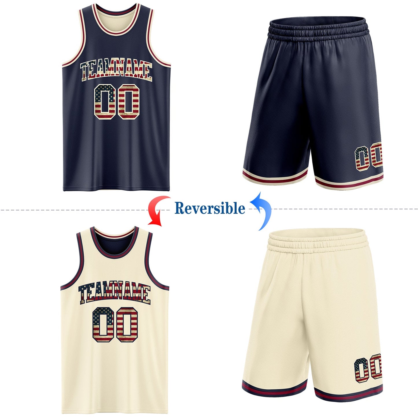 Custom Navy Vintage USA Flag Cream-Maroon Reversible Double Side Sublimation Basketball Set Jersey