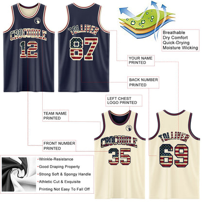 Custom Navy Vintage USA Flag Cream-Maroon Reversible Double Side Sublimation Basketball Set Jersey