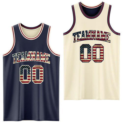 Custom Navy Vintage USA Flag Cream-Maroon Reversible Double Side Sublimation Basketball Set Jersey