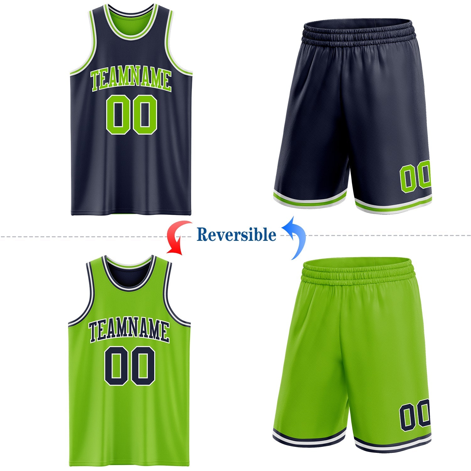 Custom Navy Neon Green-White Reversible Double Side Sublimation Basketball Set Jersey