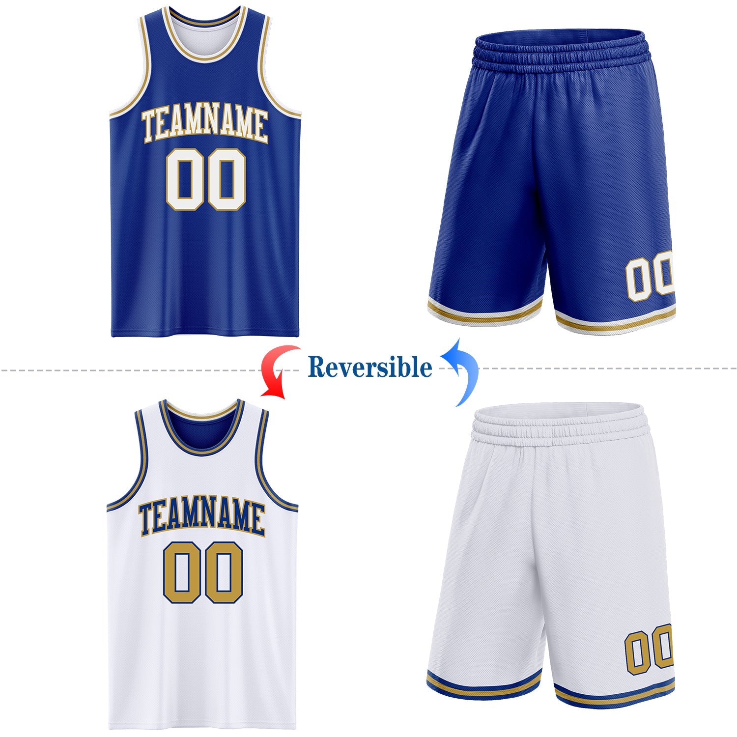Custom Royal White-Old Gold Reversible Double Side Sublimation Basketball Set Jersey