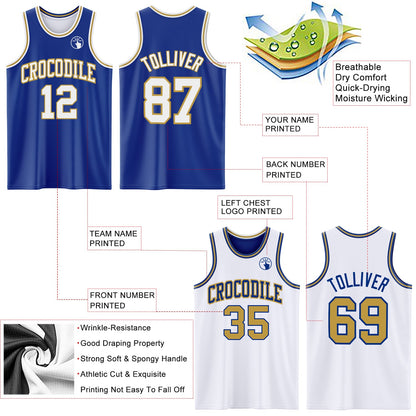 Custom Royal White-Old Gold Reversible Double Side Sublimation Basketball Set Jersey