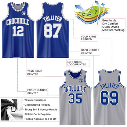 Custom Royal White-Gray Reversible Double Side Sublimation Basketball Set Jersey