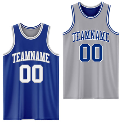 Custom Royal White-Gray Reversible Double Side Sublimation Basketball Set Jersey