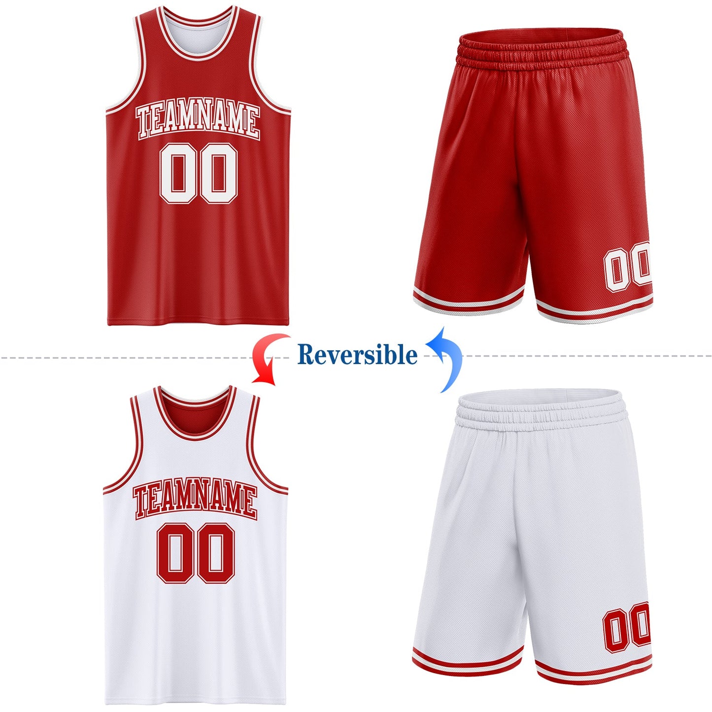 Custom Red White Reversible Double Side Sublimation Basketball Set Jersey