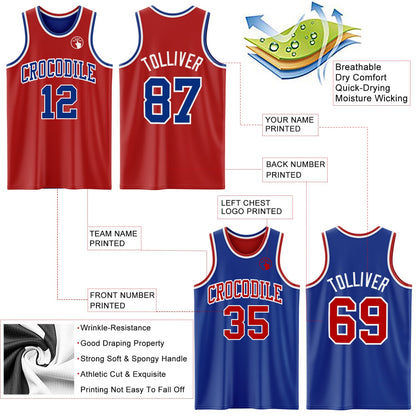 Custom Red Royal-White Reversible Double Side Sublimation Basketball Set Jersey