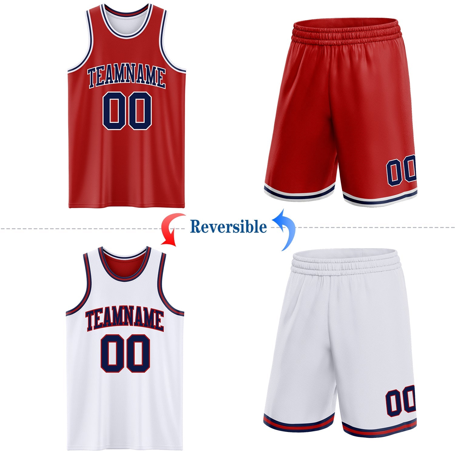 Custom Red Navy-White Reversible Double Side Sublimation Basketball Set Jersey