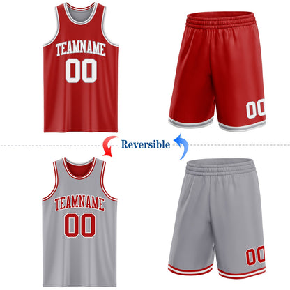 Custom Red White-Gray Reversible Double Side Sublimation Basketball Set Jersey