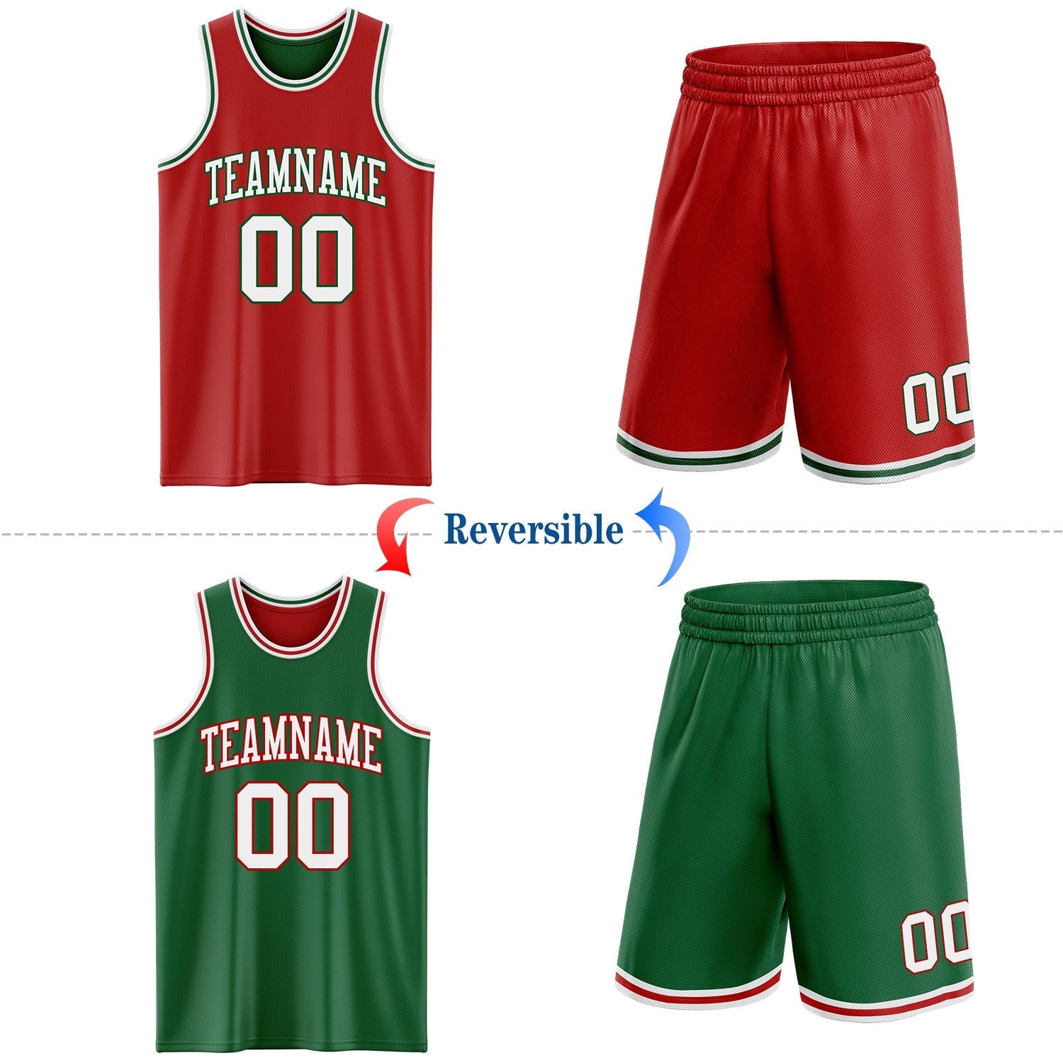 Custom Red White-Kelly Green Reversible Double Side Sublimation Basketball Set Jersey