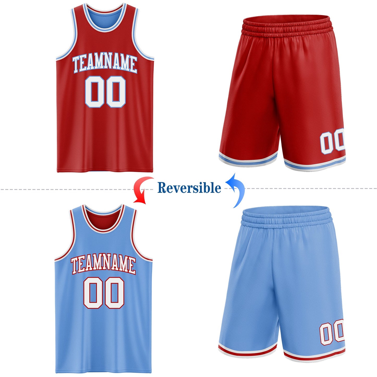 Custom Red White-Light Blue Reversible Double Side Sublimation Basketball Set Jersey