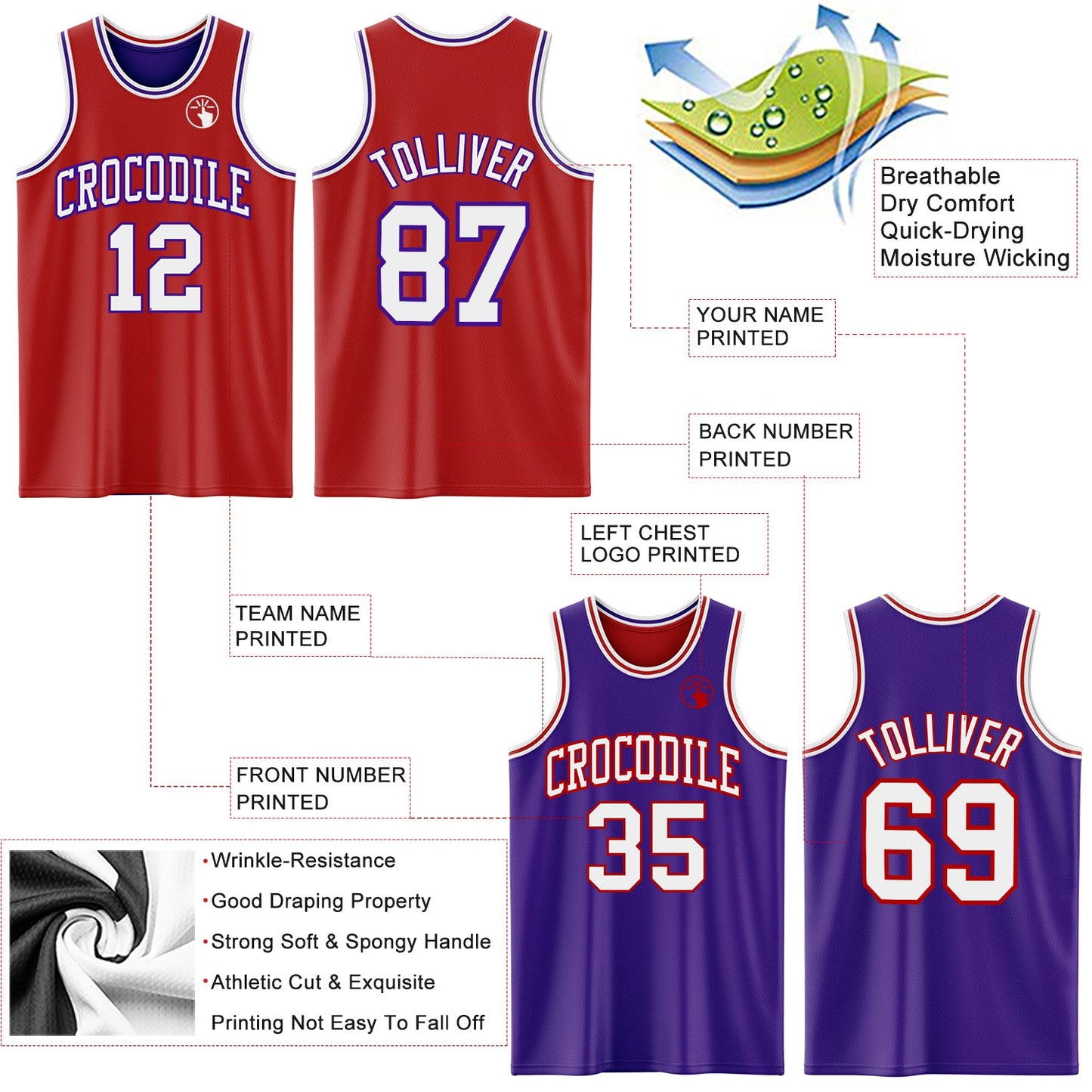 Custom Red White-Purple Reversible Double Side Sublimation Basketball Set Jersey