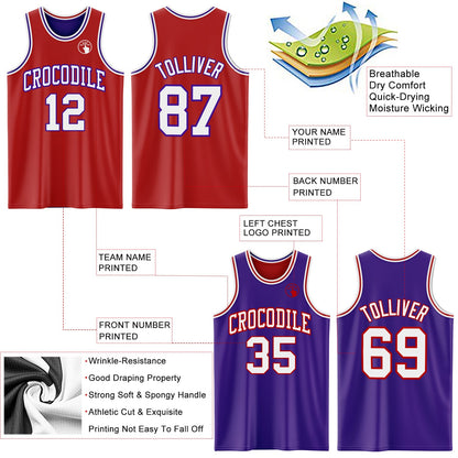 Custom Red White-Purple Reversible Double Side Sublimation Basketball Set Jersey