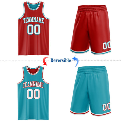 Custom Red White-Teal Reversible Double Side Sublimation Basketball Set Jersey