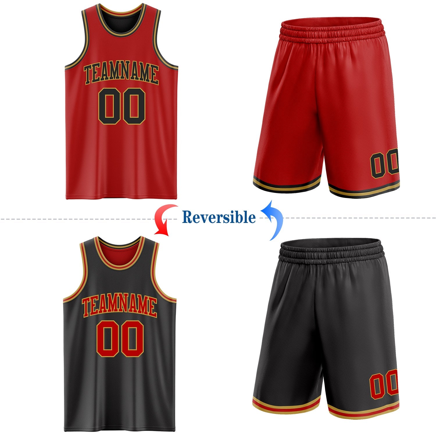 Custom Red Black-Old Gold Reversible Double Side Sublimation Basketball Set Jersey