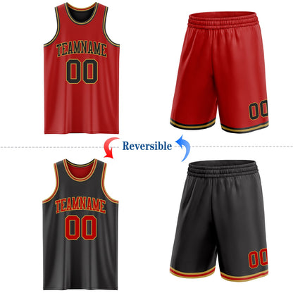Custom Red Black-Old Gold Reversible Double Side Sublimation Basketball Set Jersey