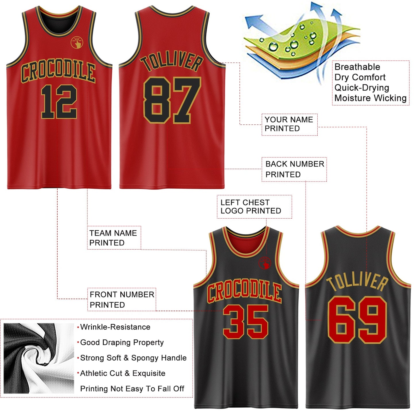 Custom Red Black-Old Gold Reversible Double Side Sublimation Basketball Set Jersey