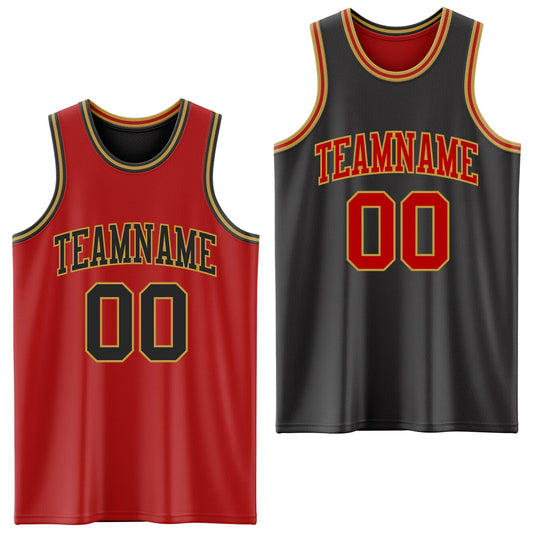 Custom Red Black-Old Gold Reversible Double Side Sublimation Basketball Set Jersey