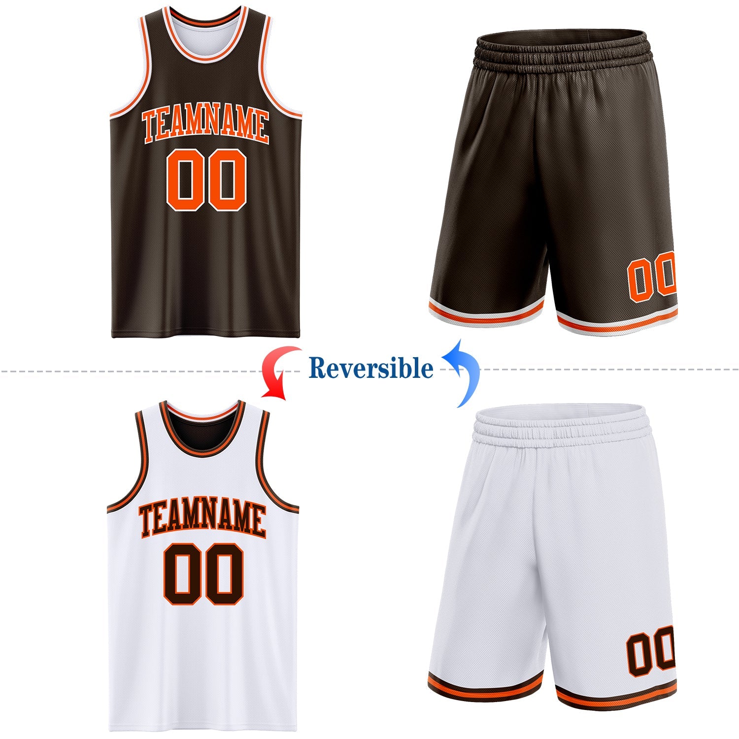 Custom Brown Orange-White Reversible Double Side Sublimation Basketball Set Jersey
