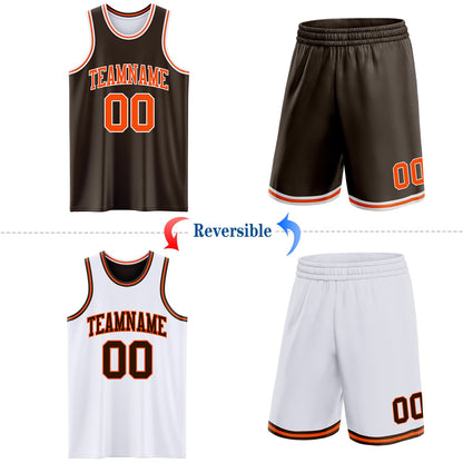 Custom Brown Orange-White Reversible Double Side Sublimation Basketball Set Jersey