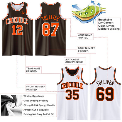Custom Brown Orange-White Reversible Double Side Sublimation Basketball Set Jersey