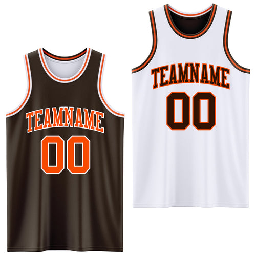 Custom Brown Orange-White Reversible Double Side Sublimation Basketball Set Jersey