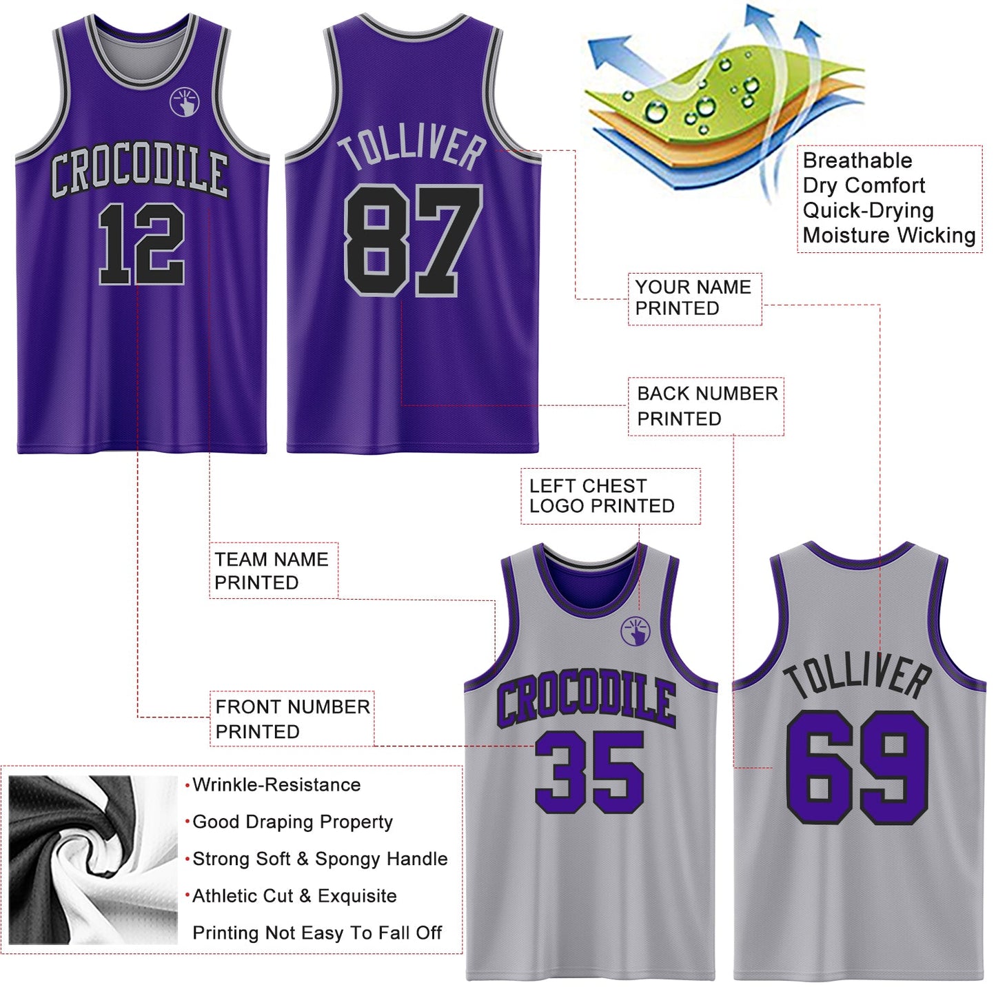 Custom Purple Black-Gray Reversible Double Side Sublimation Basketball Set Jersey