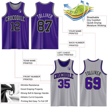 Custom Purple Black-Gray Reversible Double Side Sublimation Basketball Set Jersey
