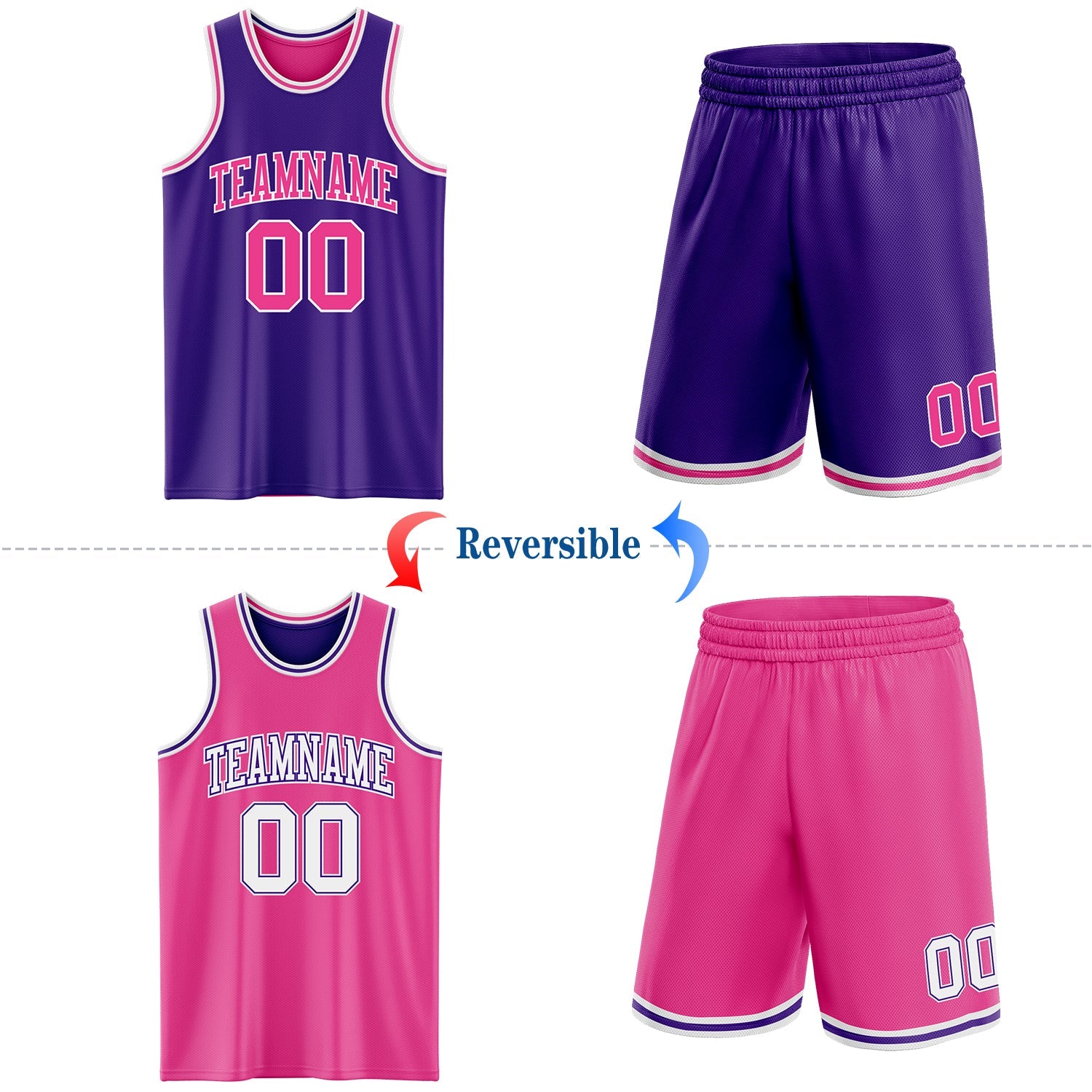 Custom Purple Pink-White Reversible Double Side Sublimation Basketball Set Jersey