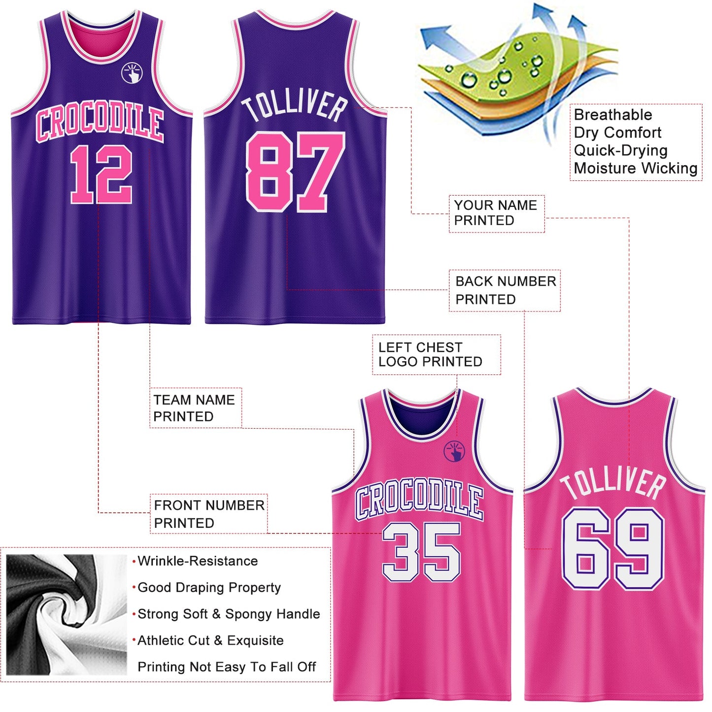 Custom Purple Pink-White Reversible Double Side Sublimation Basketball Set Jersey