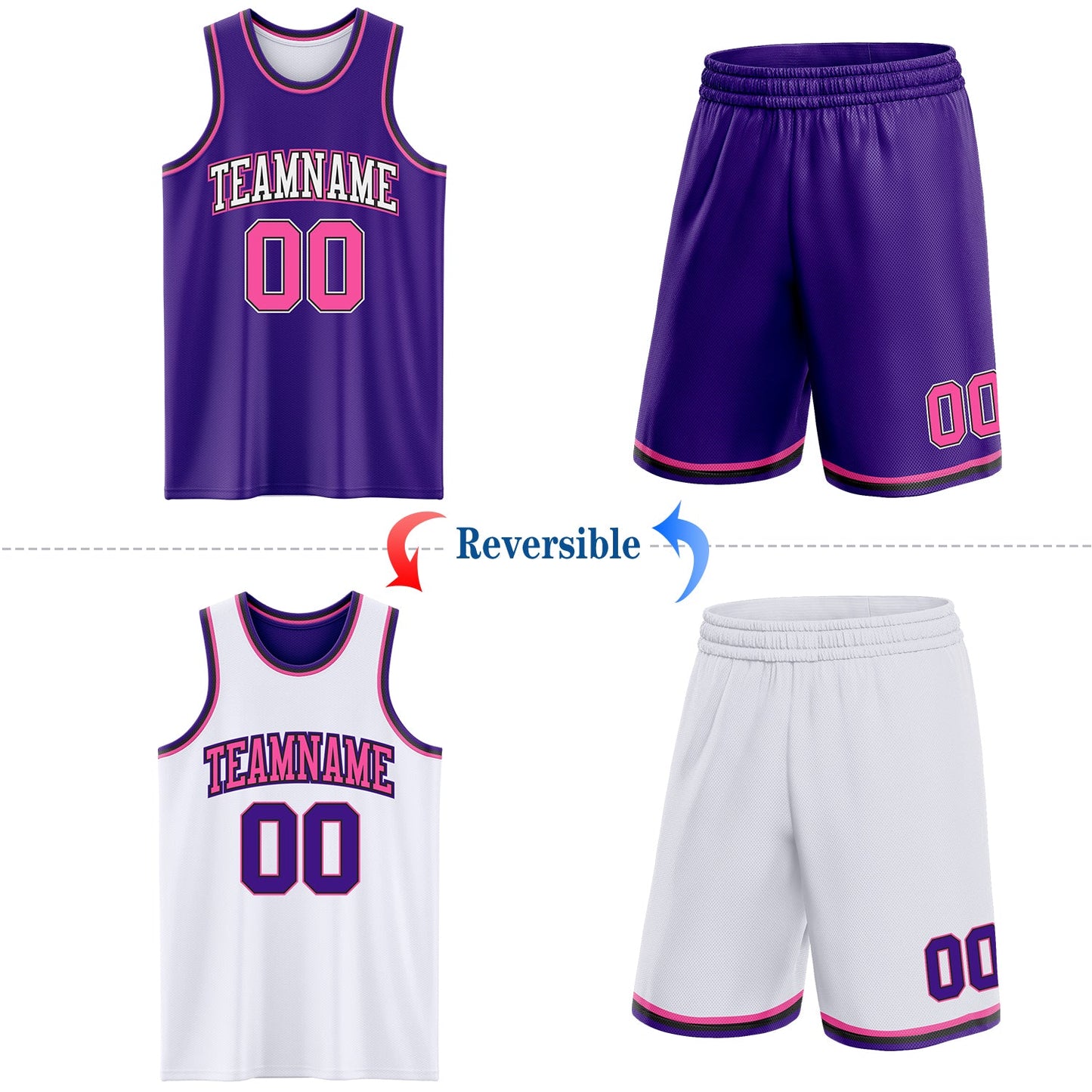 Custom Purple Pink Black-White Reversible Double Side Sublimation Basketball Set Jersey