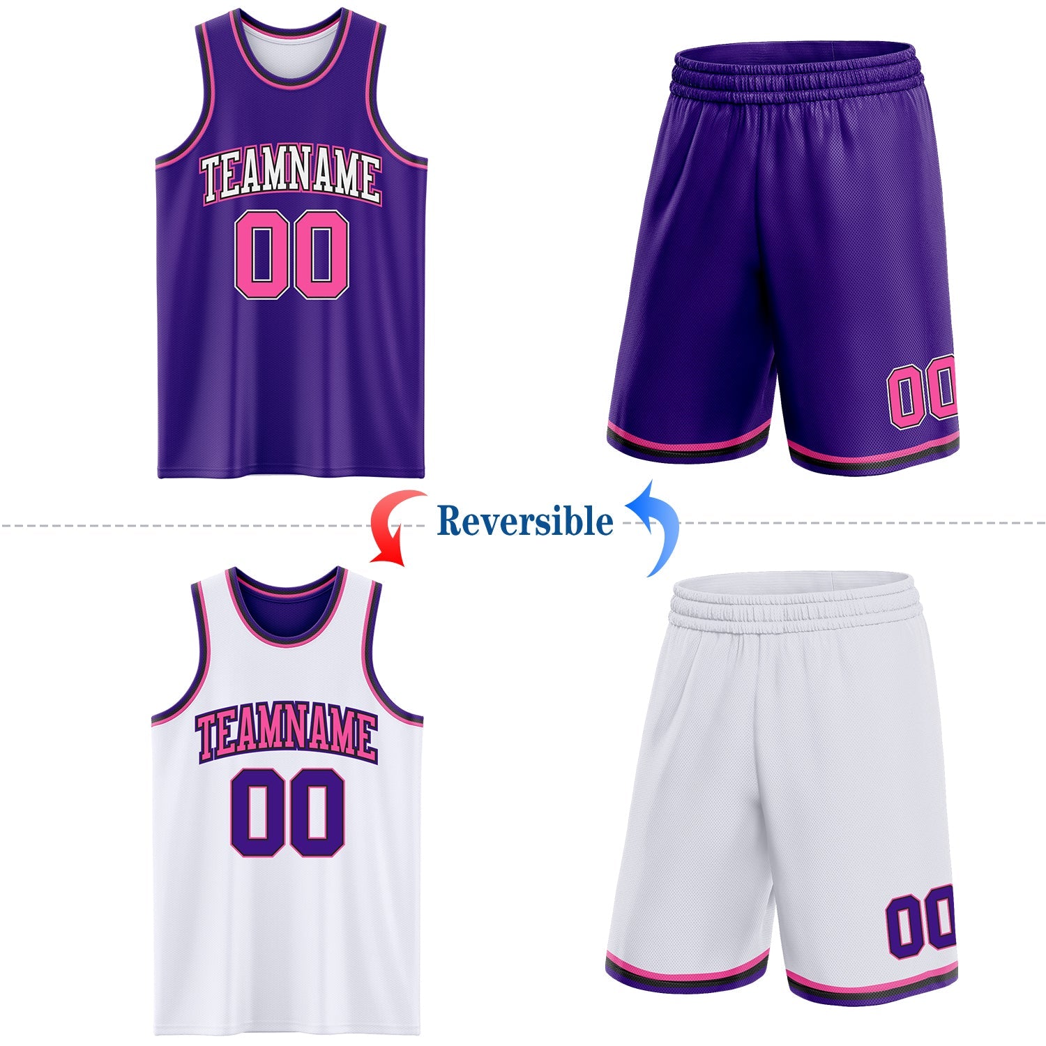Custom Purple Pink Black-White Reversible Double Side Sublimation Basketball Set Jersey