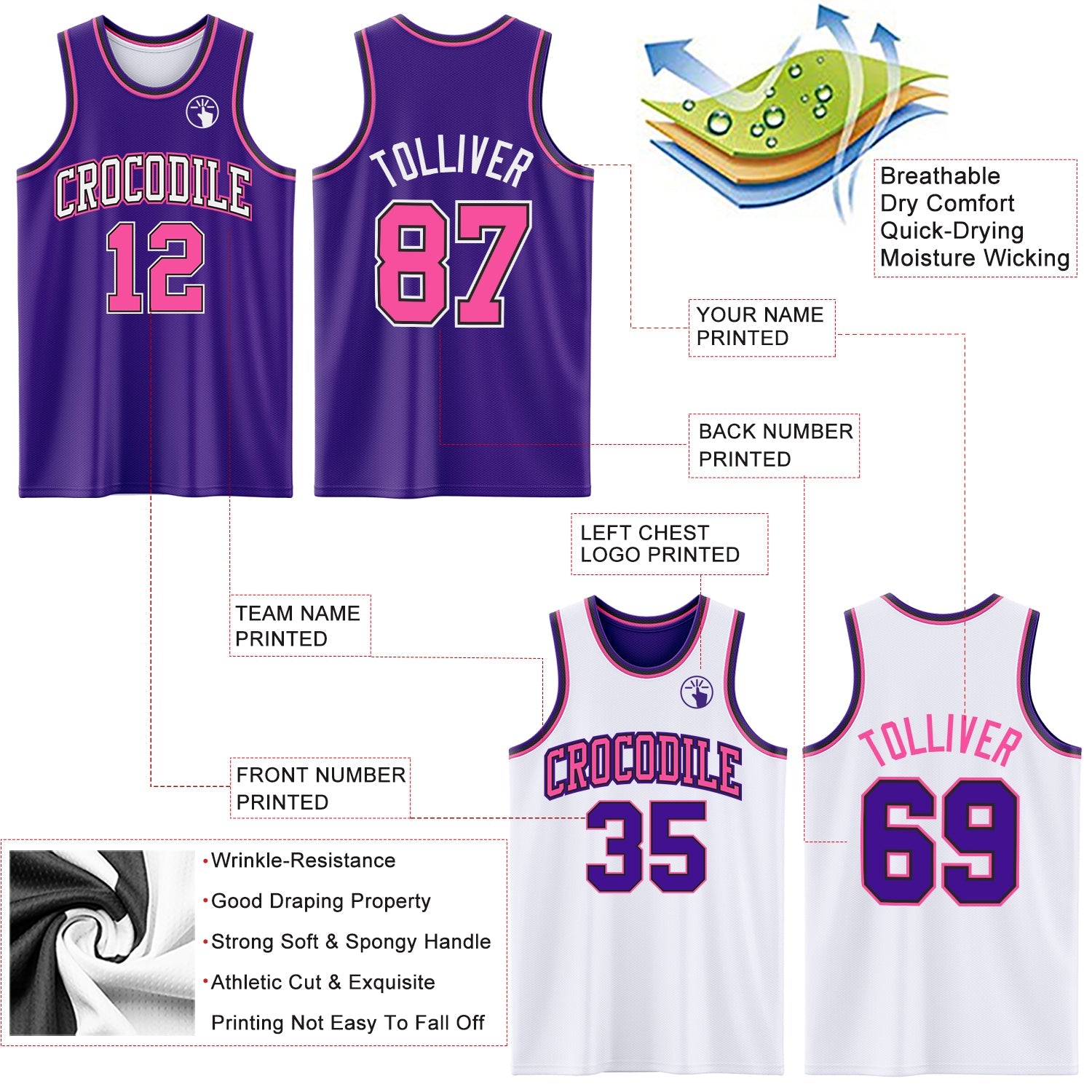 Custom Purple Pink Black-White Reversible Double Side Sublimation Basketball Set Jersey