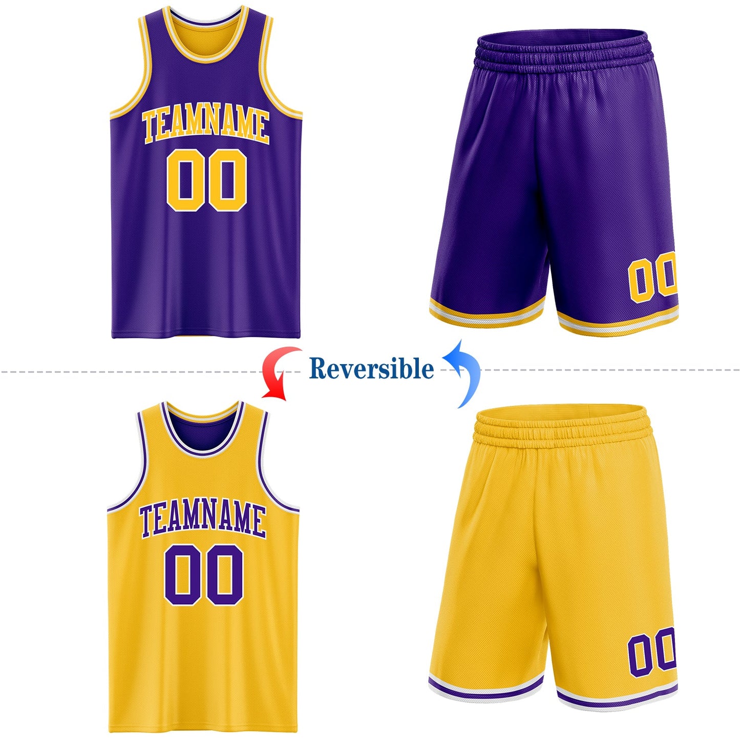 Custom Purple Gold-White Reversible Double Side Sublimation Basketball Set Jersey