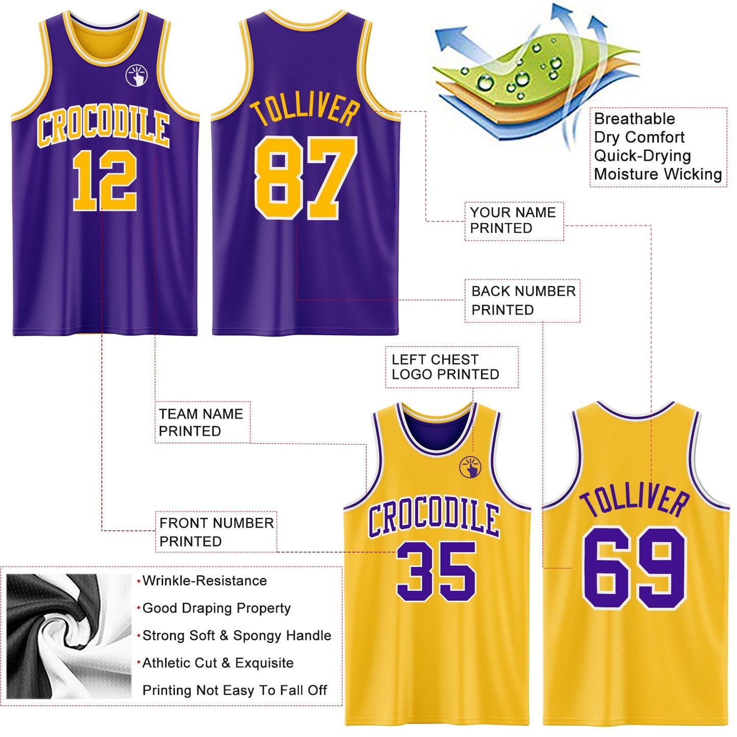 Custom Purple Gold-White Reversible Double Side Sublimation Basketball Set Jersey