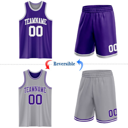 Custom Purple White-Gray Reversible Double Side Sublimation Basketball Set Jersey