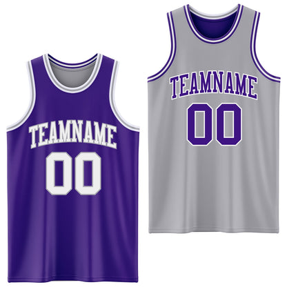 Custom Purple White-Gray Reversible Double Side Sublimation Basketball Set Jersey